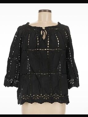 INC International Concepts Black Eyelet Peasant Blouse